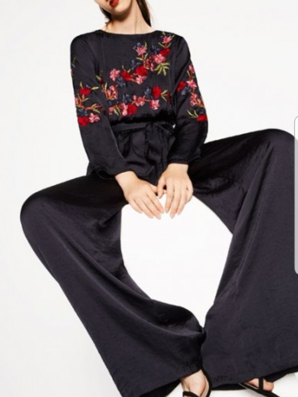 ZARA Satin Floral Embroidered Wide Leg Jumpsuit Navy Blue Size S